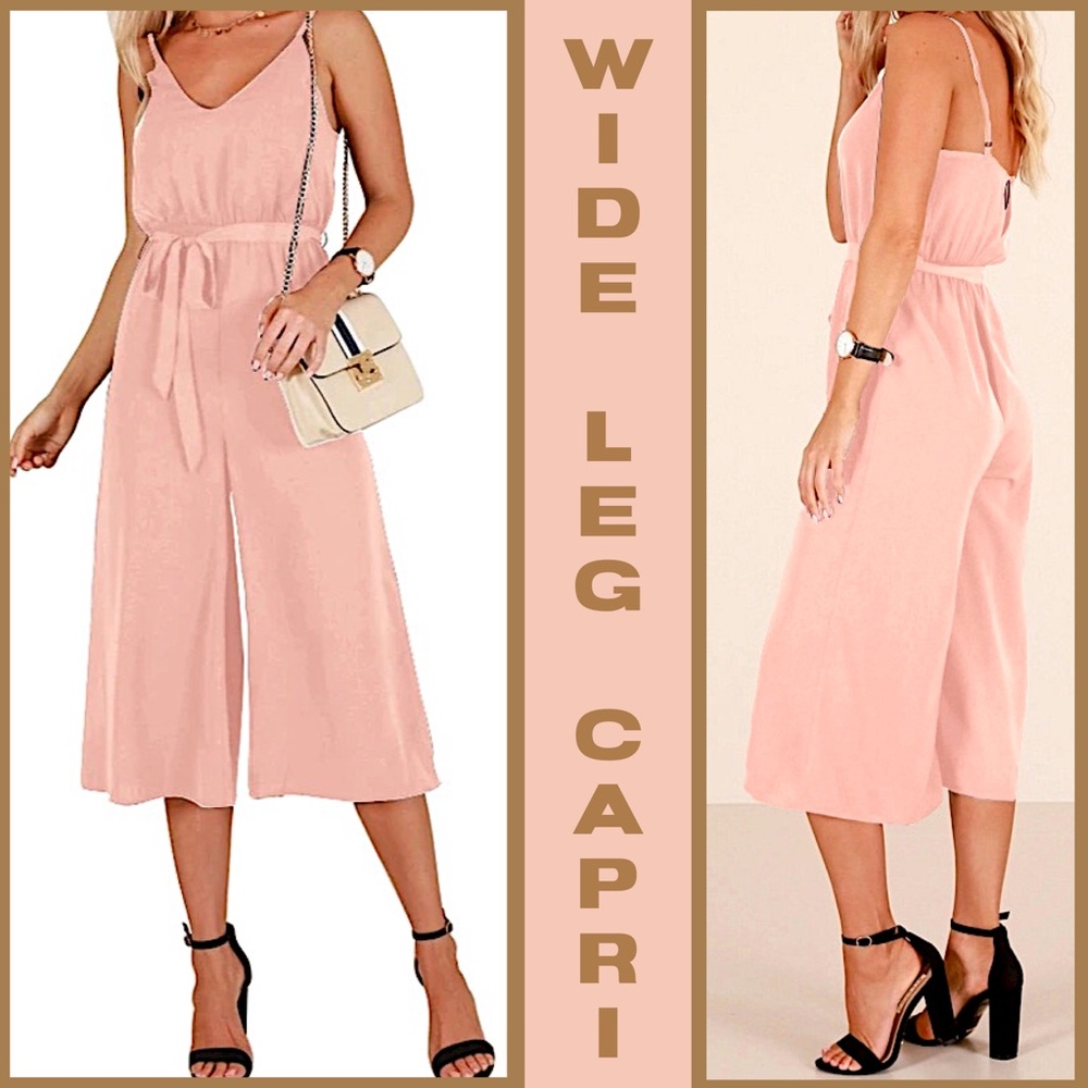 V Neck Wide Leg Capri Belted Jumpsuit NWT - Picture 1 of 8